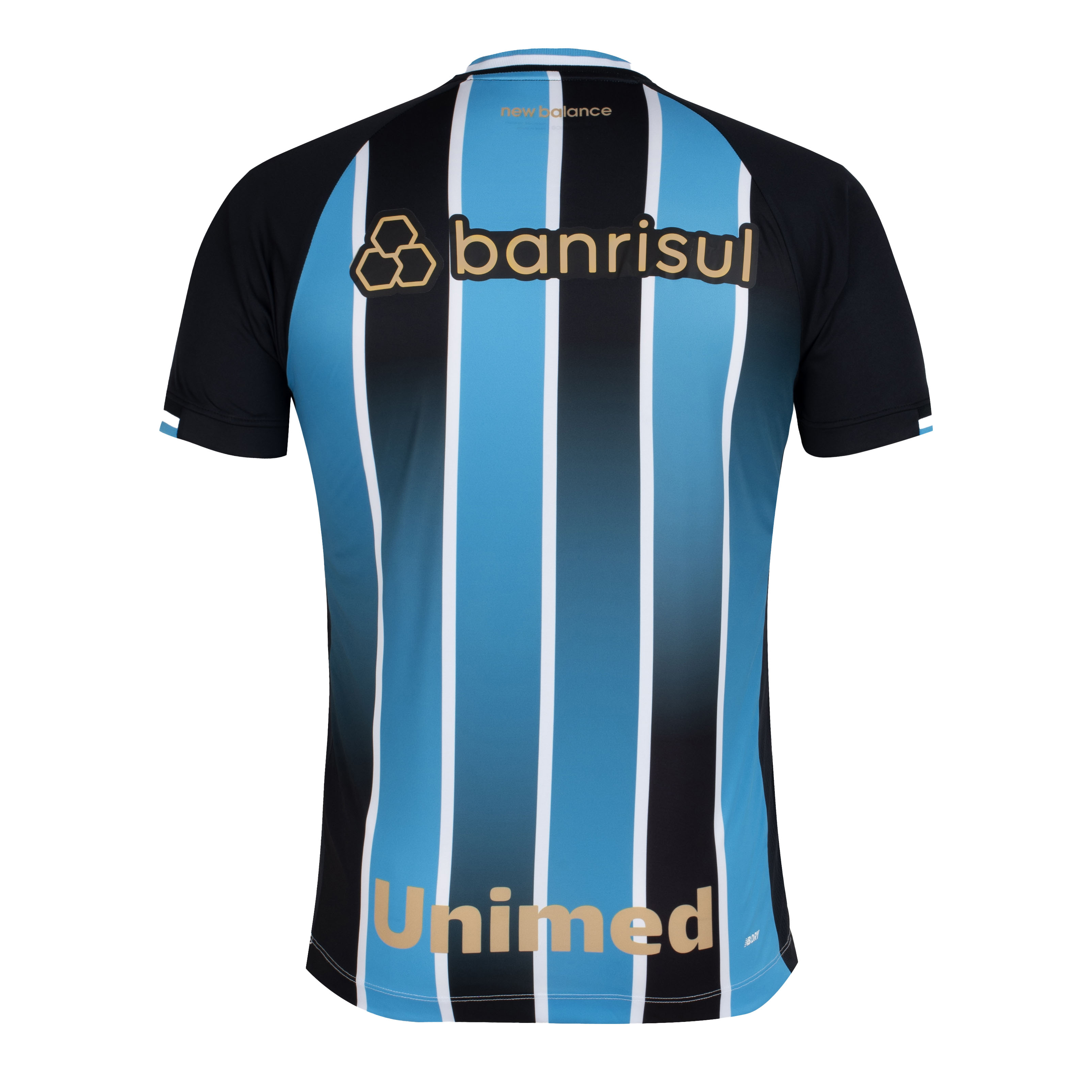 Camisa masculina Grêmio 2026 New Balance azul vista traseira com logo da patrocinadora Banrisul